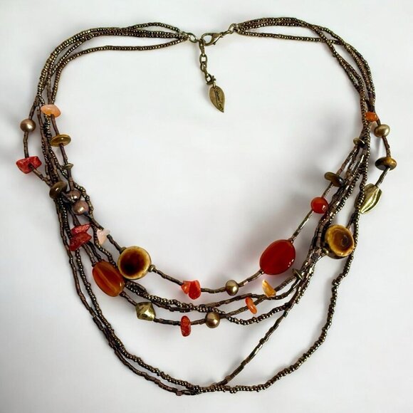 Coldwater Creek Carnelian Agate Tiger’s Eye Multi Strand Necklace Boho Bronze - Picture 1 of 9